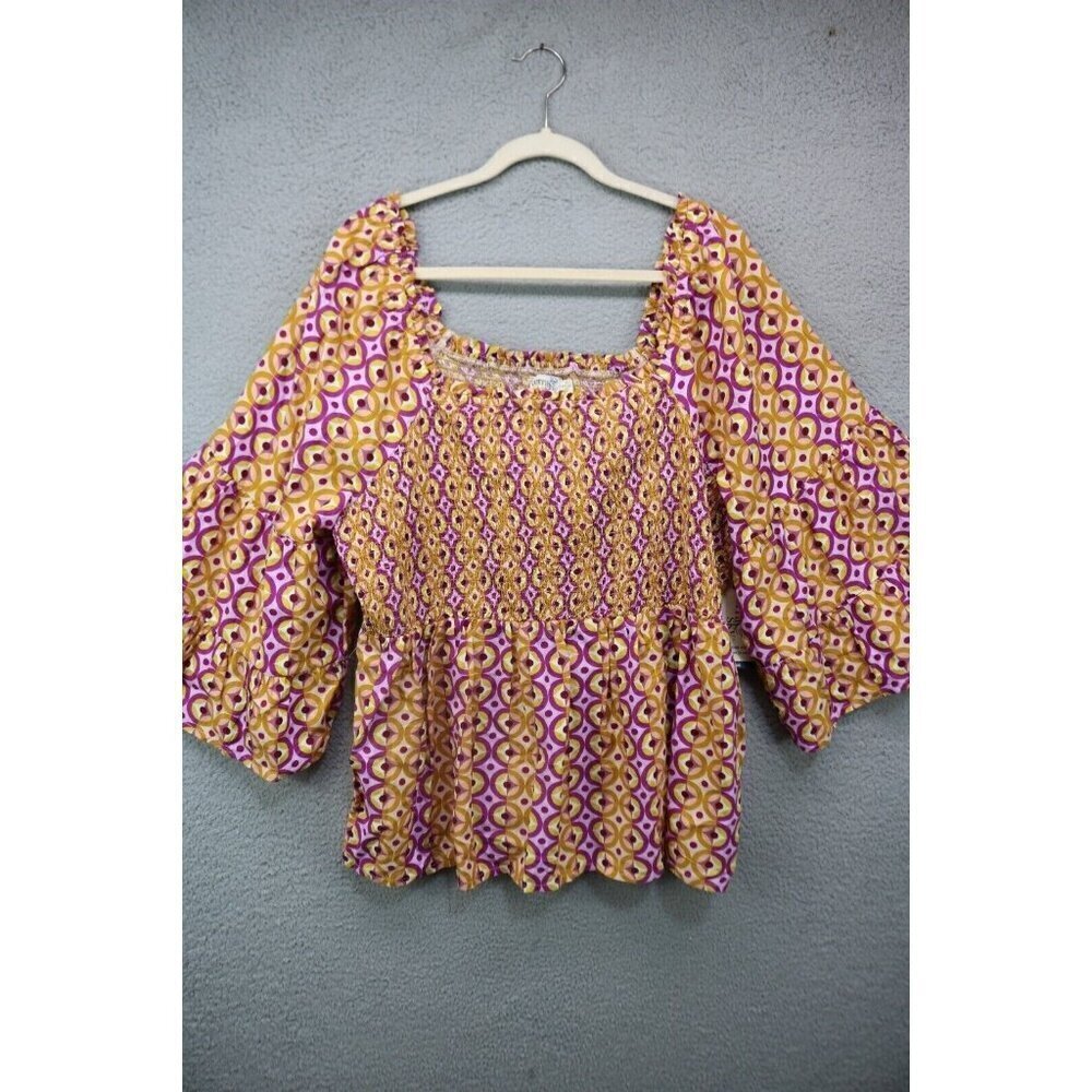 Terra & Sky Large 3/4 Belled Sleeves-Smocked Babydoll Top-Size 2X-New w/Tags